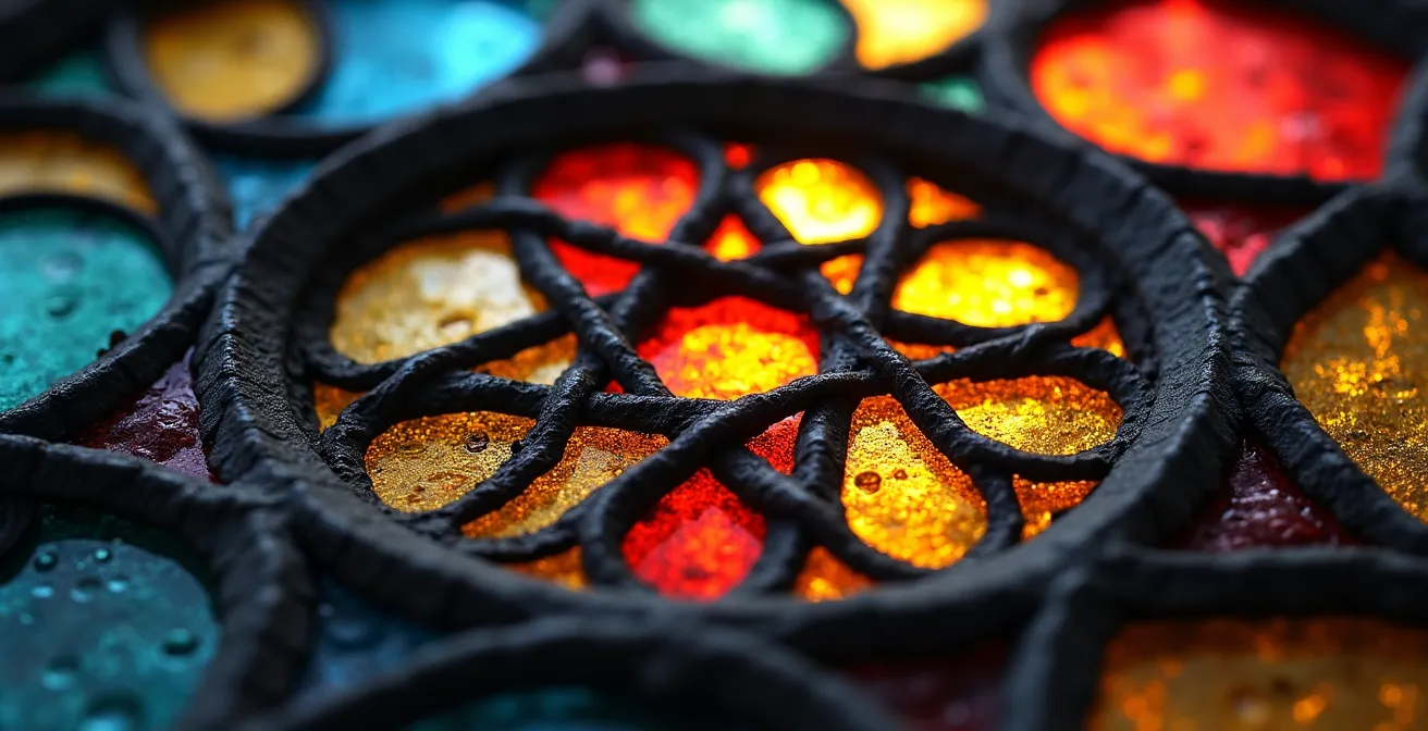 Detailaufnahme der gotischen Rosette mit Davidstern-Streben und bunten Glasfragmenten