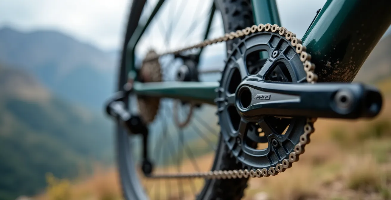 Nahaufnahme einer Fahrradschaltung mit Bergen im Hintergrund