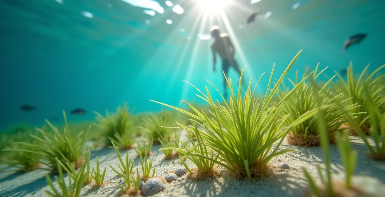 Unterwasseraufnahme von Schnorchlern über Posidonia-Seegraswiesen in türkisfarbenem Wasser