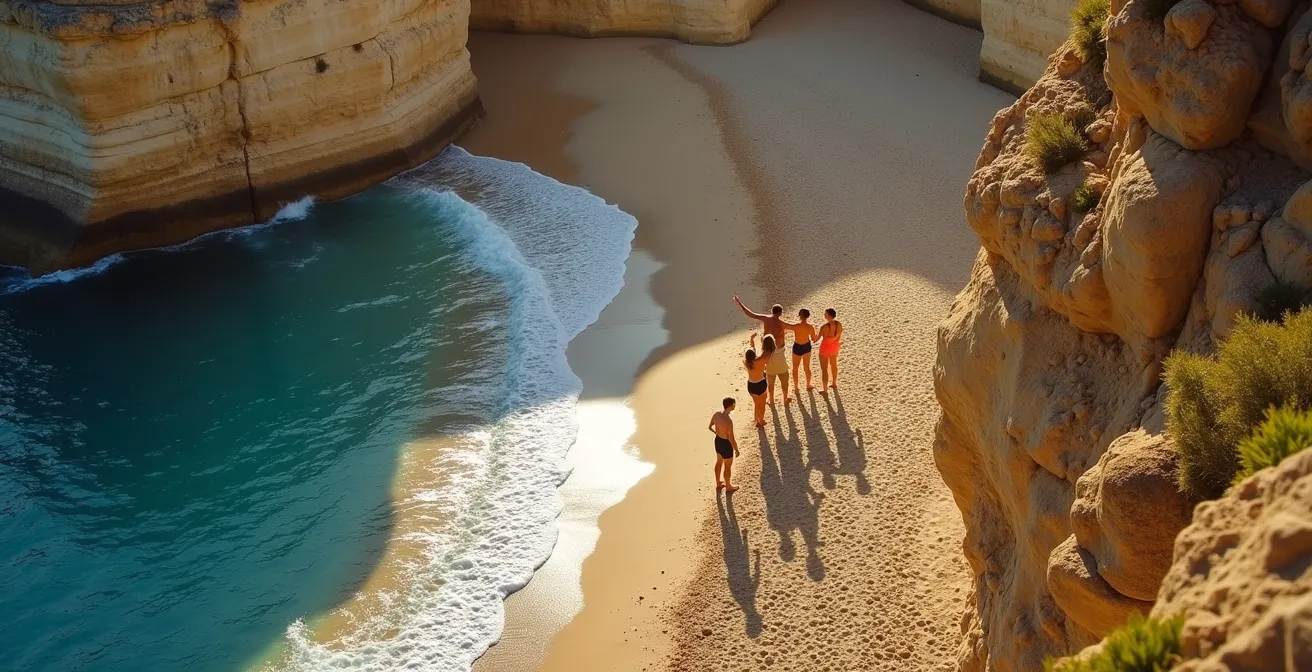 Vogelperspektive einer Felsenbucht mit markierten sicheren und unsicheren Lagerzonen