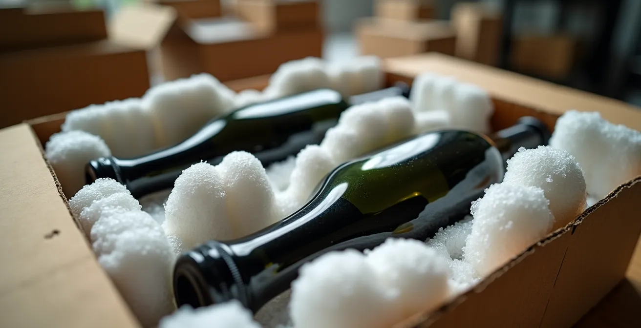 Professionell verpackte Weinflaschen in speziellen Transportboxen mit Schutzpolsterung
