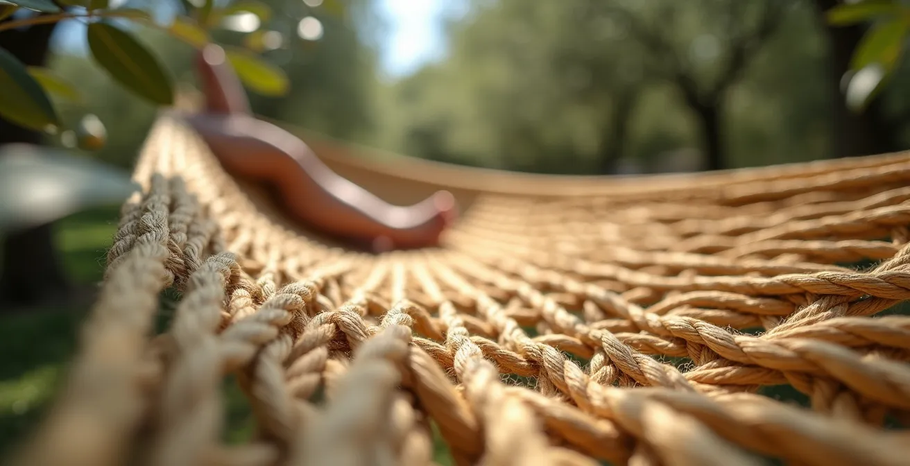 Entspannte Siesta-Szene mit Hängematte unter schattigen Olivenbäumen