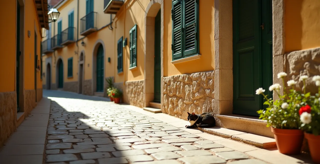 Menschenleere Dorfgasse während der Siesta mit geschlossenen Fensterläden