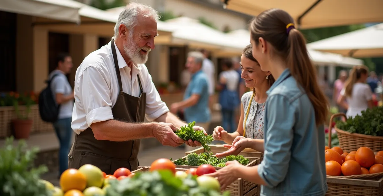 Lebendiger Sonntagsmarkt in Santa Maria del Camí mit Bio-Ständen und lokalem Publikum