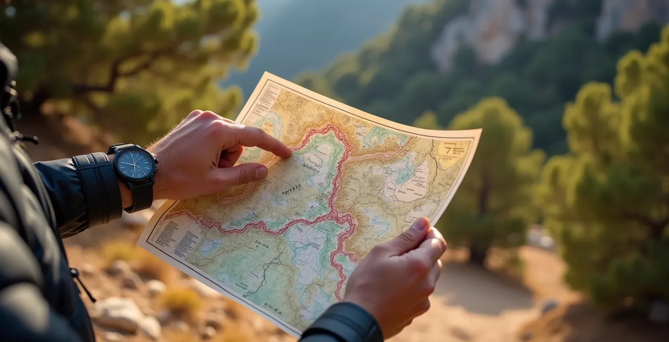 Wanderer studiert topografische Karte mit Höhenprofil der Tramuntana