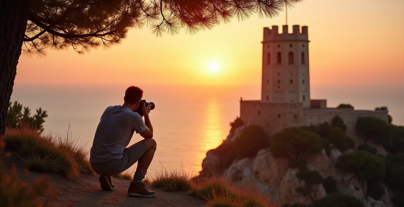 Torre des Verger im goldenen Abendlicht mit dramatischer Küstenkulisse