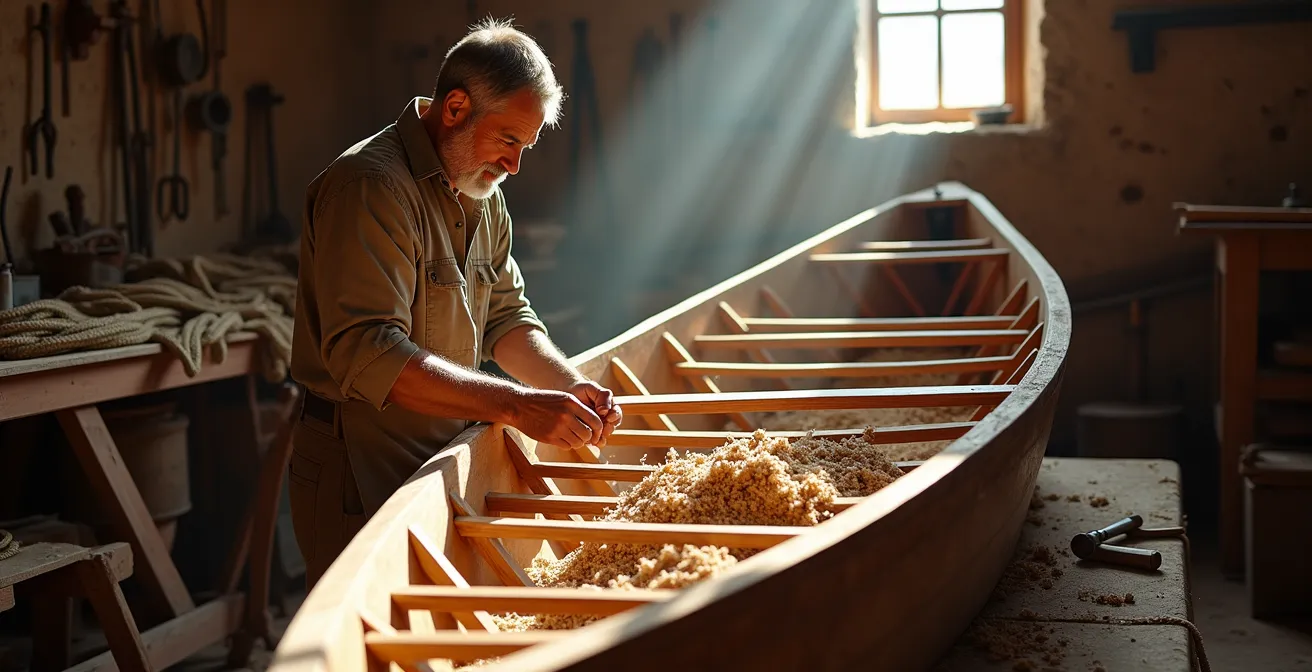Ein traditioneller Bootsbauer, ein Mestre d'Aixa, bearbeitet mit Handwerkzeugen den Holzrumpf eines mallorquinischen Llaüt in einer historischen Werft.