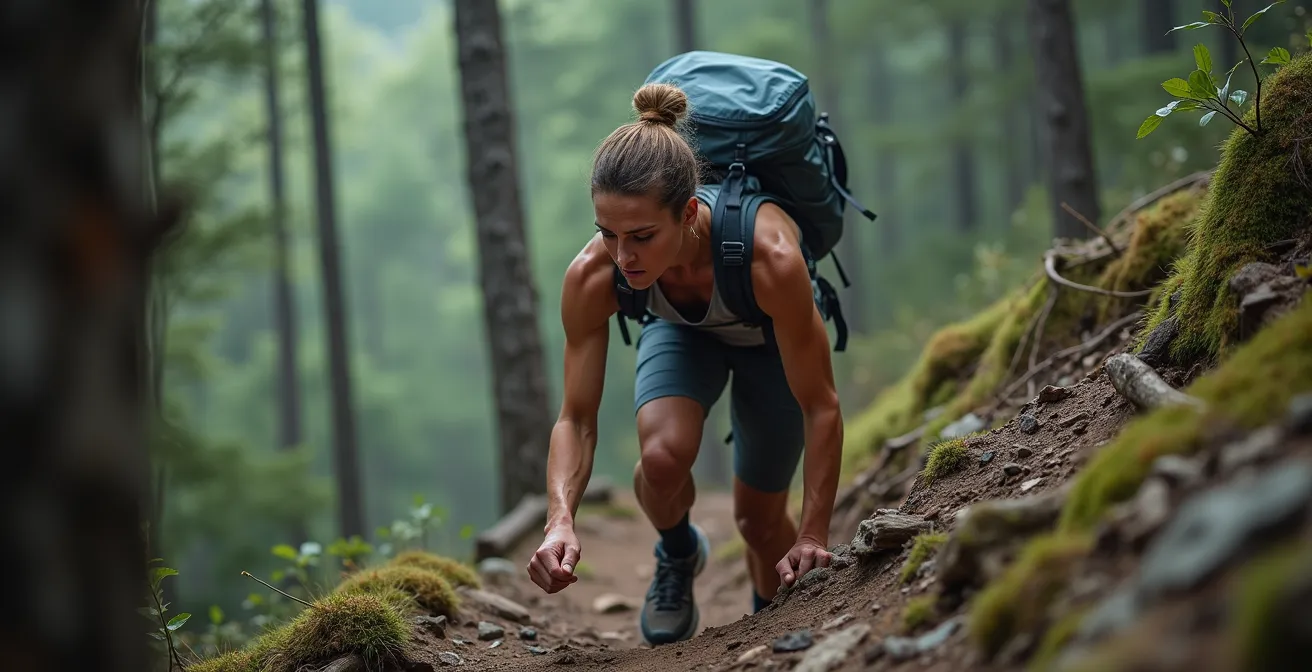 Wanderer mit schwerem Rucksack trainiert auf steinigem Bergpfad