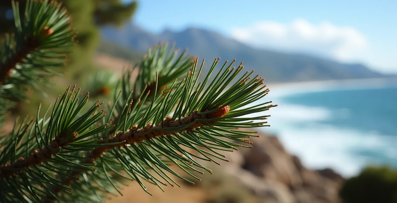 Nahaufnahme von Piniennadeln, die sich im starken Tramuntana-Wind biegen, mit dem Tramuntana-Gebirge und dem aufgewühlten Meer im unscharfen Hintergrund.