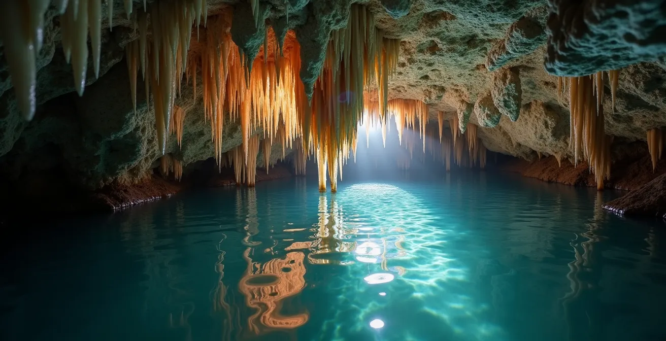 Spektakuläre Tropfsteinhöhle auf Mallorca mit unterirdischem See und Stalaktiten-Formationen