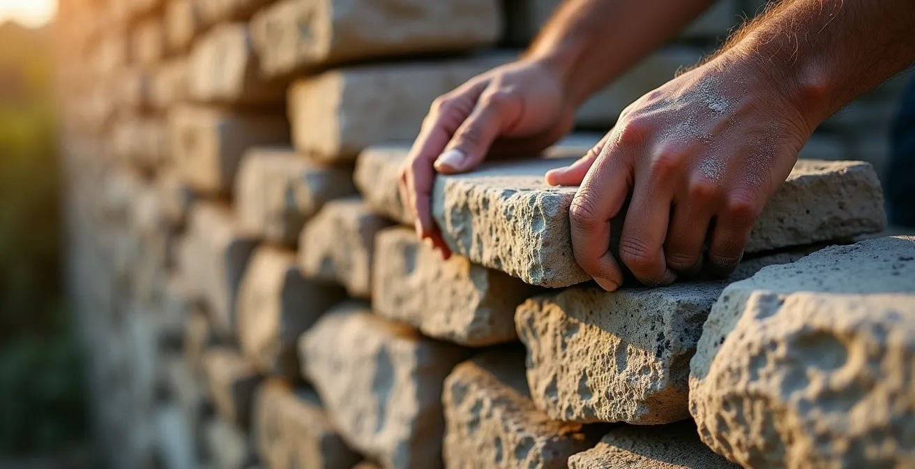 Detailaufnahme der traditionellen Handwerkskunst der Margers beim Setzen der Steine