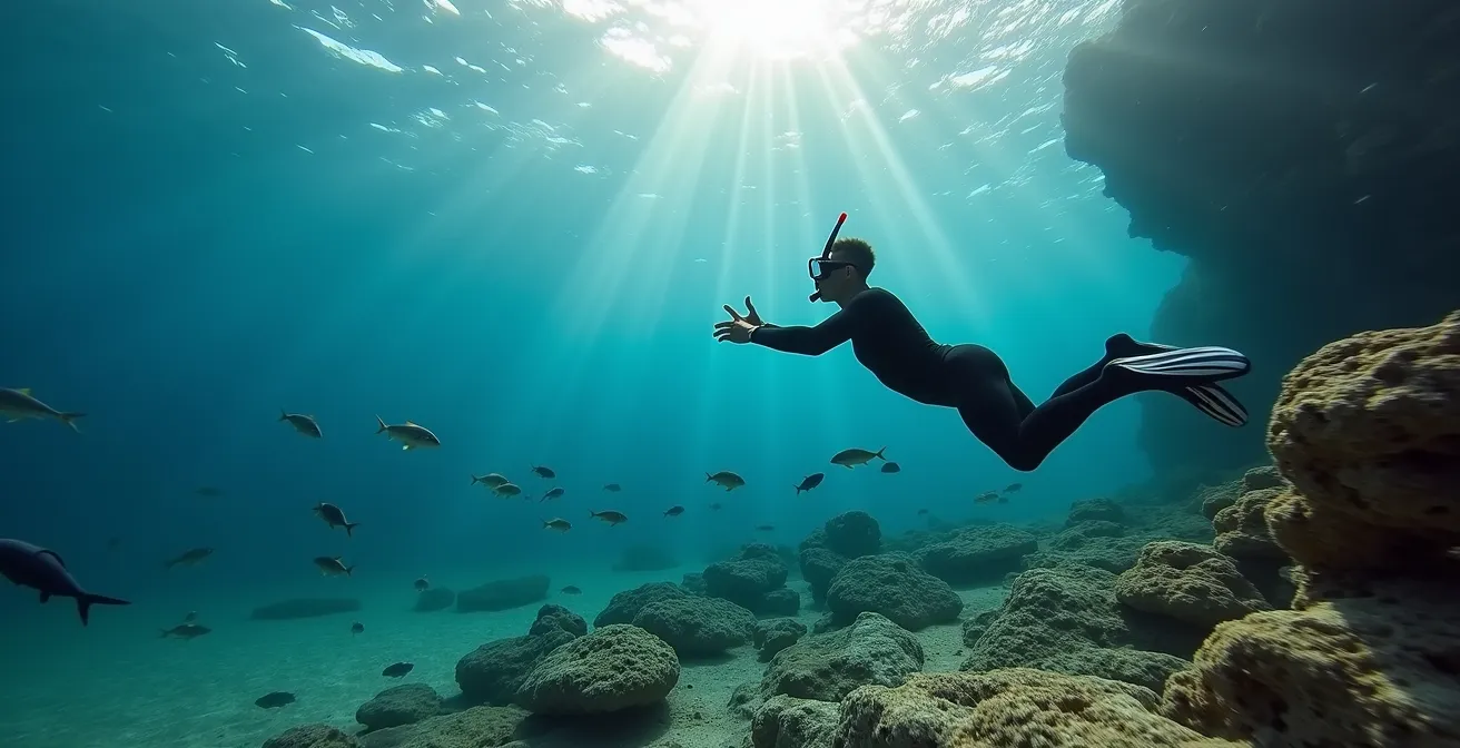 Schnorchler schwimmt über felsigem Meeresgrund mit bunten Fischen im kristallklaren Wasser