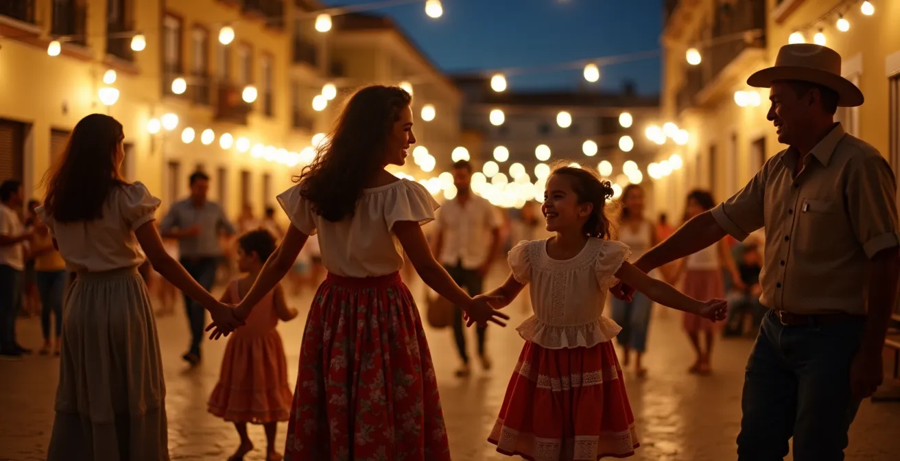 Mehrere Generationen tanzen zusammen bei einem mallorquinischen Dorffest unter Lichterketten