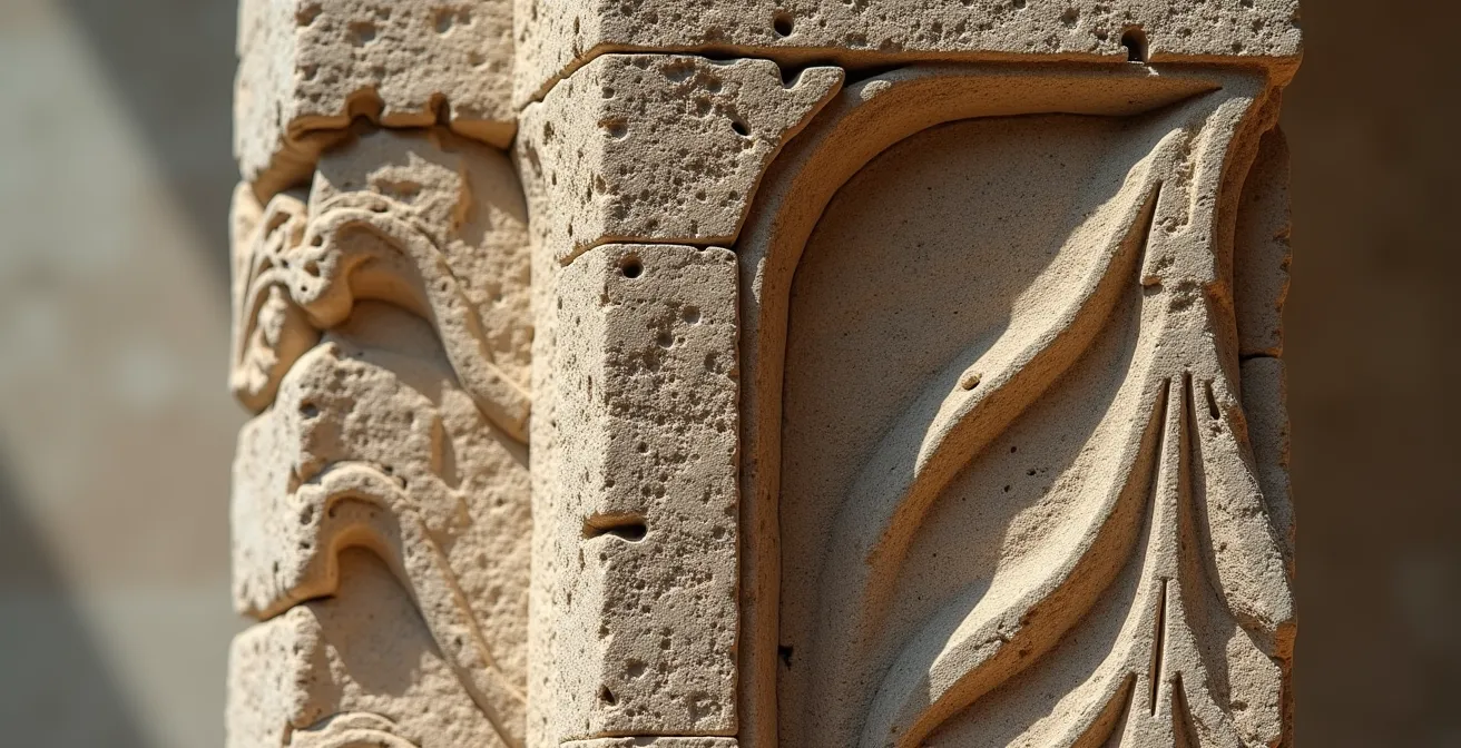 Makroaufnahme von Werkzeugspuren im Sandstein zeigt Unterschiede zwischen mittelalterlicher Handarbeit und maschineller Bearbeitung