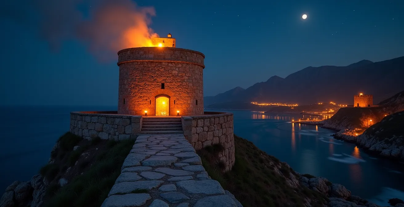 Nächtliches Feuerzeichen zwischen zwei Wachtürmen an Mallorcas zerklüfteter Küste als Teil des mittelalterlichen Warnsystems