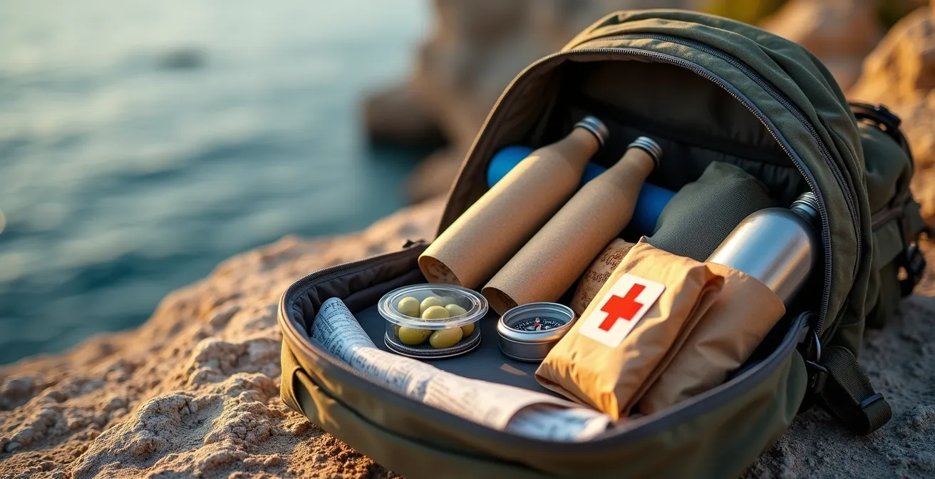 Geöffneter Wanderrucksack mit Ausrüstung auf Felsen mit Meerblick im Hintergrund