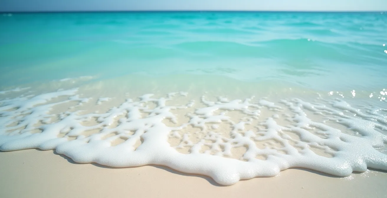 Weitwinkelaufnahme von Meeresoberfläche mit natürlichem Meeresschaum und klarer Wasserfärbung