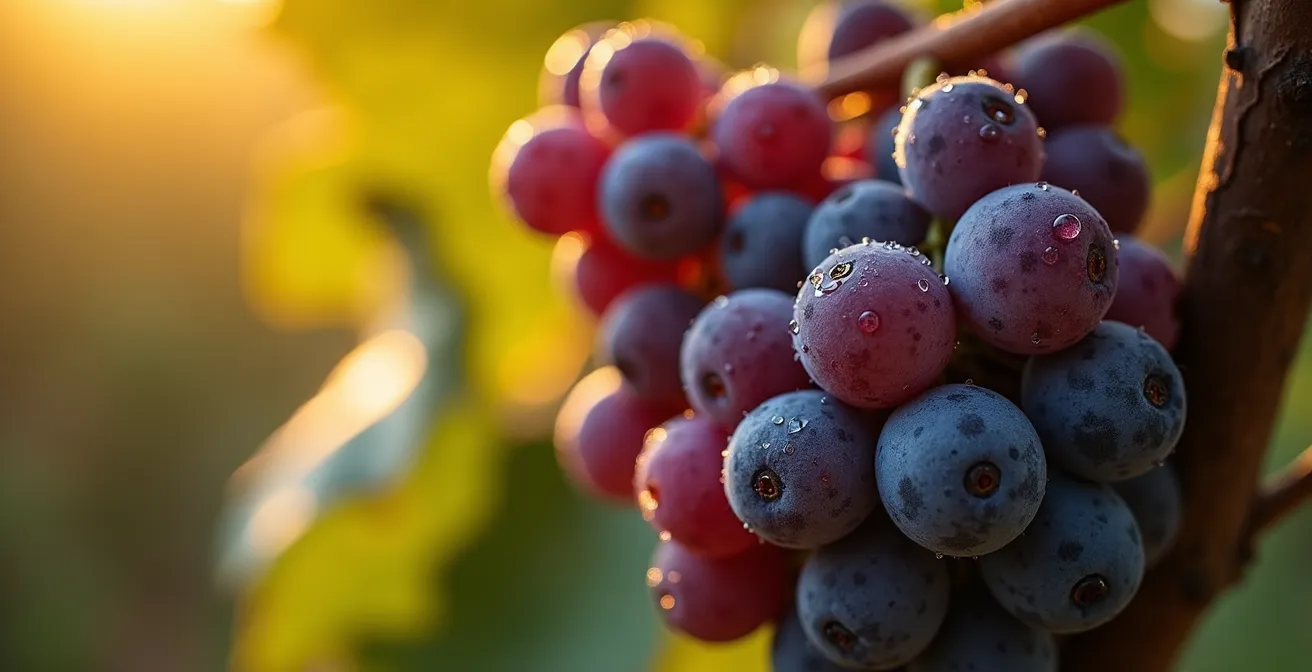 Extreme Nahaufnahme von Manto Negro Trauben mit sichtbarer Textur und Tautropfen