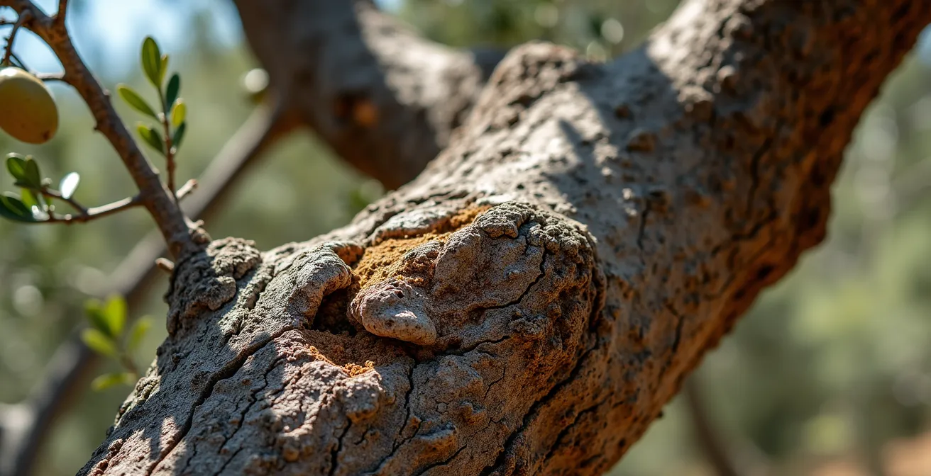 Nahaufnahme einer Veredelungsstelle zwischen wildem Stamm und kultivierter Krone eines Olivenbaums