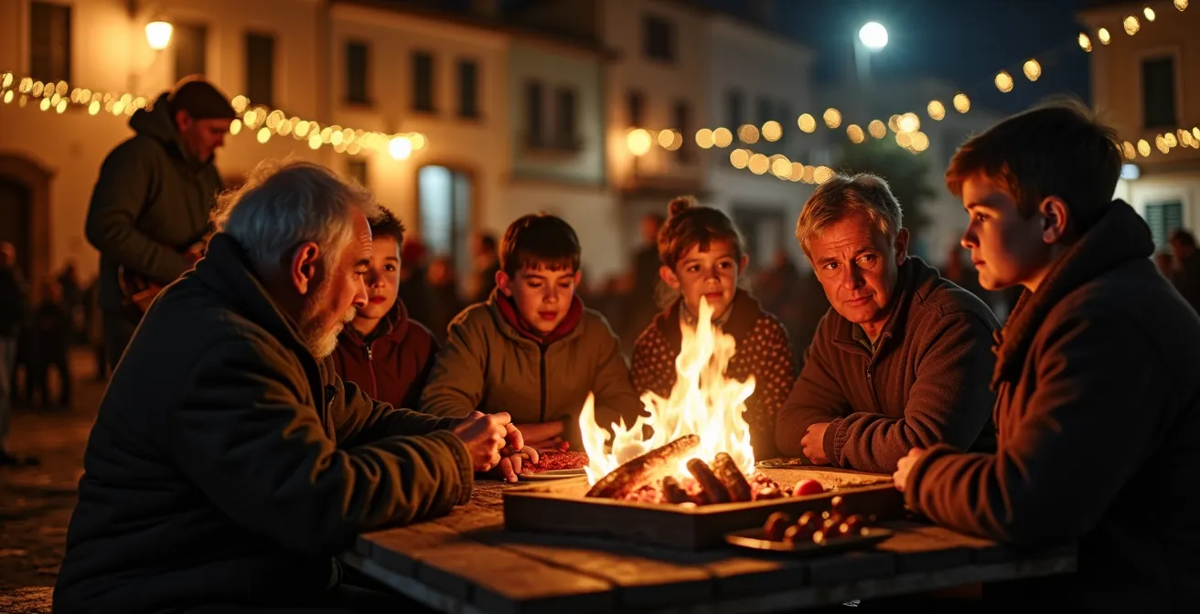Dorfbewohner versammelt um traditionelles Lagerfeuer beim Sant Antoni Fest