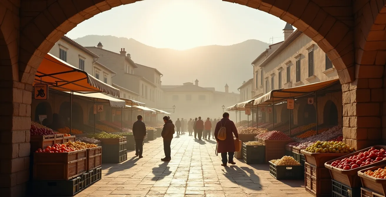 Frühmorgendliche Szene auf dem Wochenmarkt von Sineu mit lokalen Bauern und ihren Produkten