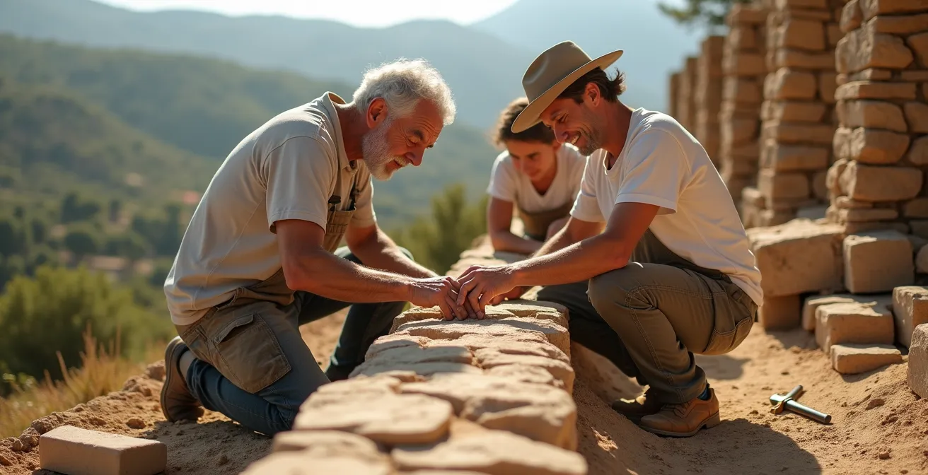Teilnehmer eines Trockenmauer-Workshops beim gemeinsamen Mauerbau