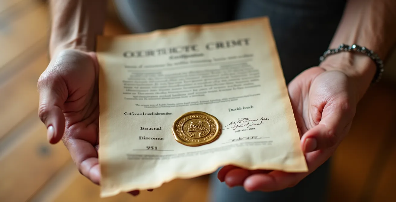 Nahaufnahme von Händen, die ein Yoga-Zertifikat mit goldenem Siegel halten